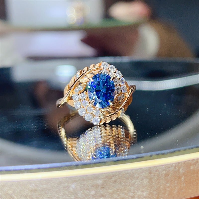 Blue Moissanite Leaf Halo Ring for Women, Oval Stone Statement Ring, U-Shape Fashion Ring – view 2