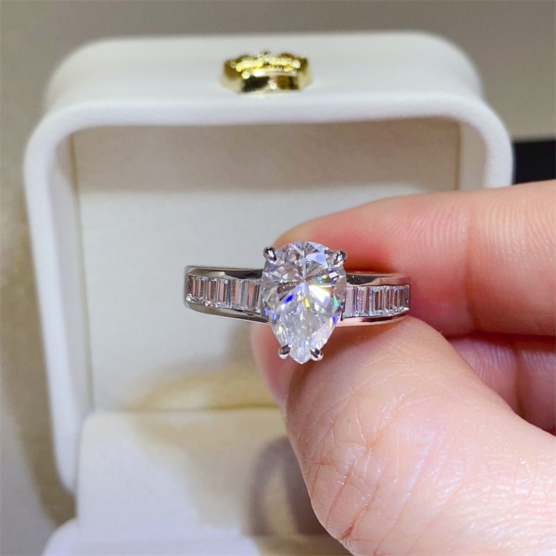 Pear Cut Moissanite Ring with Baguette Band, 18K Gold D Color Style Ring for Women – view 2