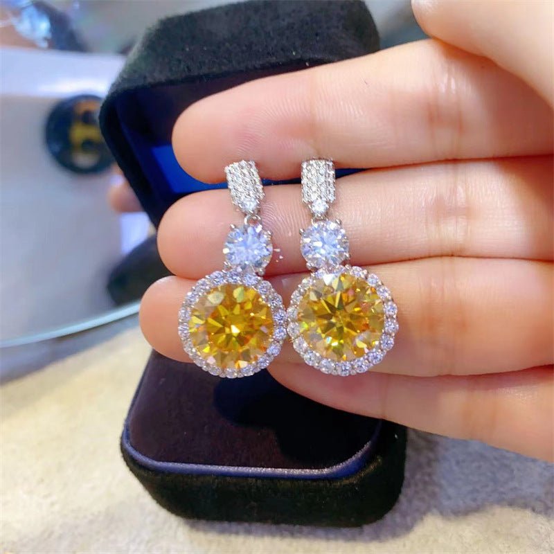Moissanite Round Halo Drop Earrings, Silver-Tone Dangle Studs with Pavé Top – view 7