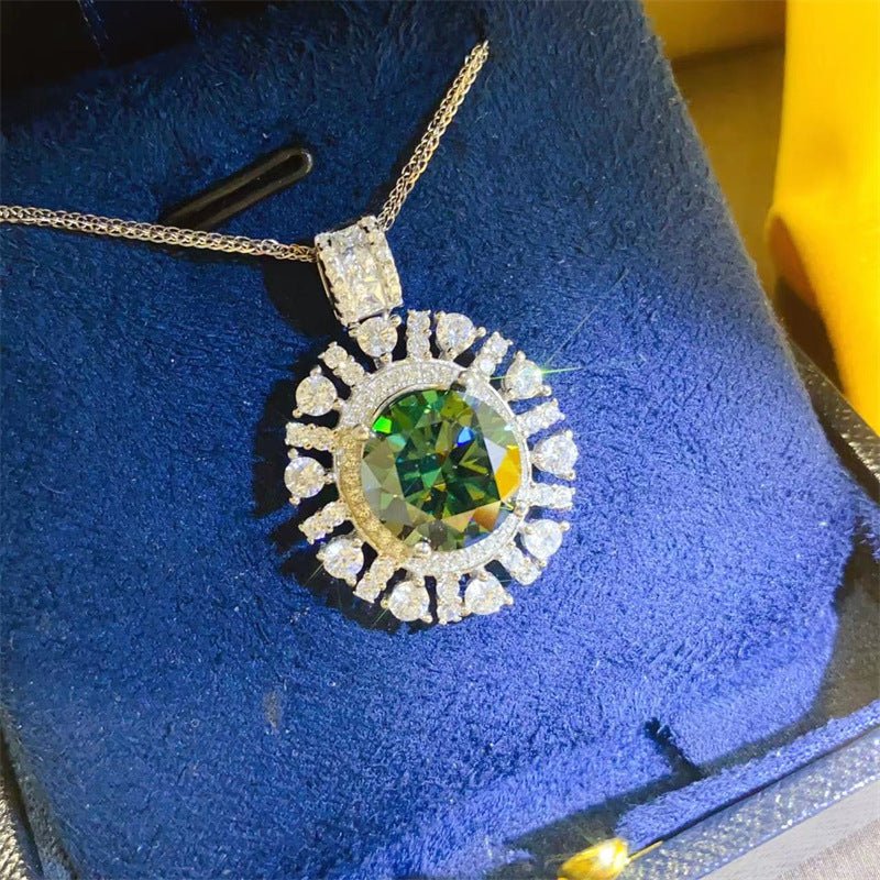 Green Moissanite Halo Pendant Necklace with Chain, 5 Carat Oval Sunburst Drop Necklace for Women – view 2