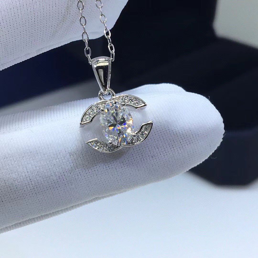 Moissanite Pendant Necklace for Women, Oval Cut 1 Carat, Crescent Accent – view 2
