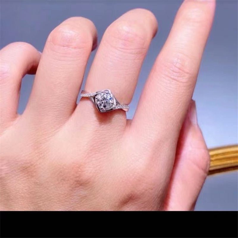 Moissanite Ring for Women, Square Open Band Solitaire Engagement Promise Ring, Adjustable Size – view 2