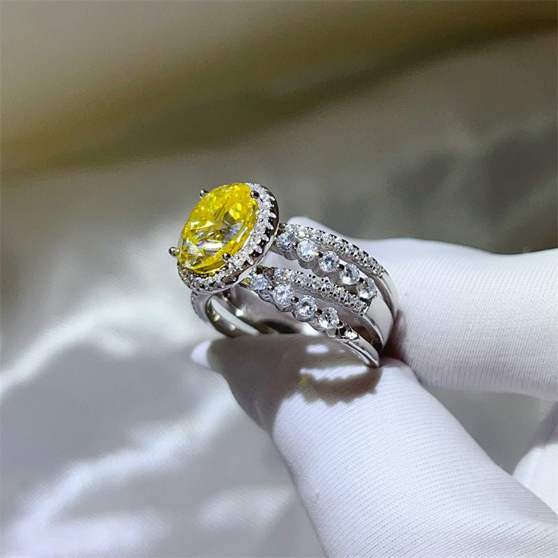 Yellow 3 Carat Moissanite Halo Ring for Women, Geometric Split Shank Engagement Ring – view 2