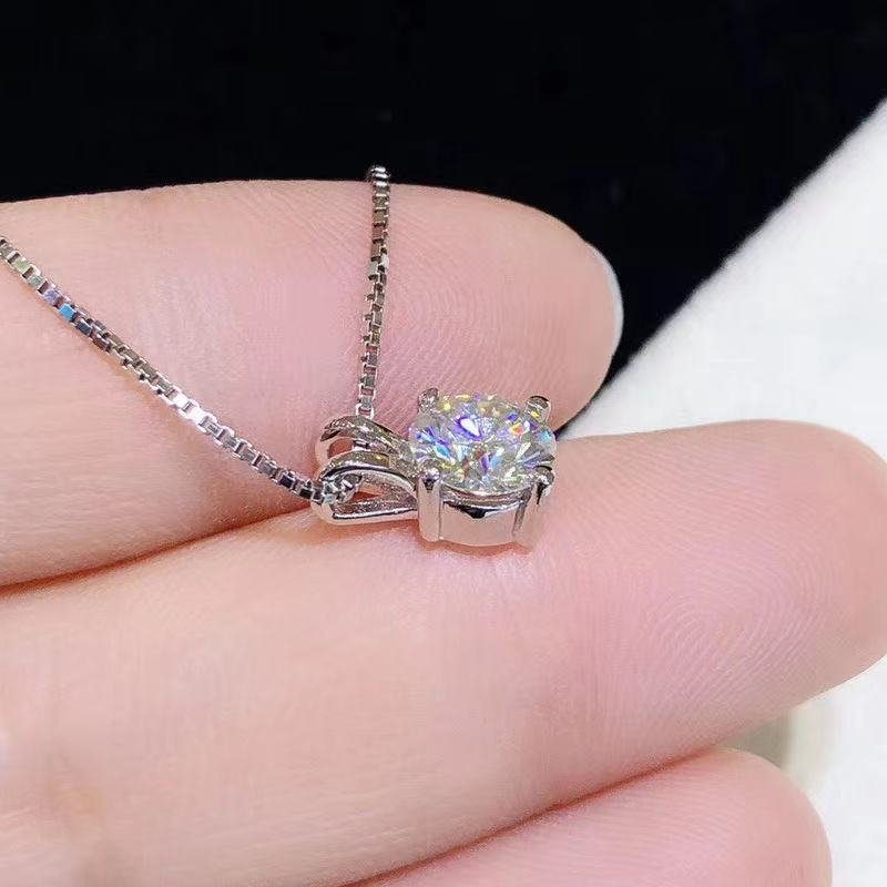 Moissanite Round Solitaire Pendant Necklace, Four-Prong, Silver-Tone Box Chain – view 2