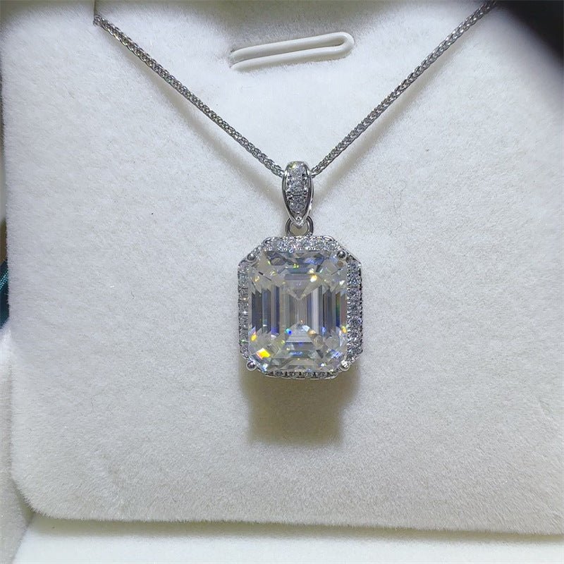 Emerald Cut Clear Stone Pendant Necklace with Pave Halo Chain Included – view 2