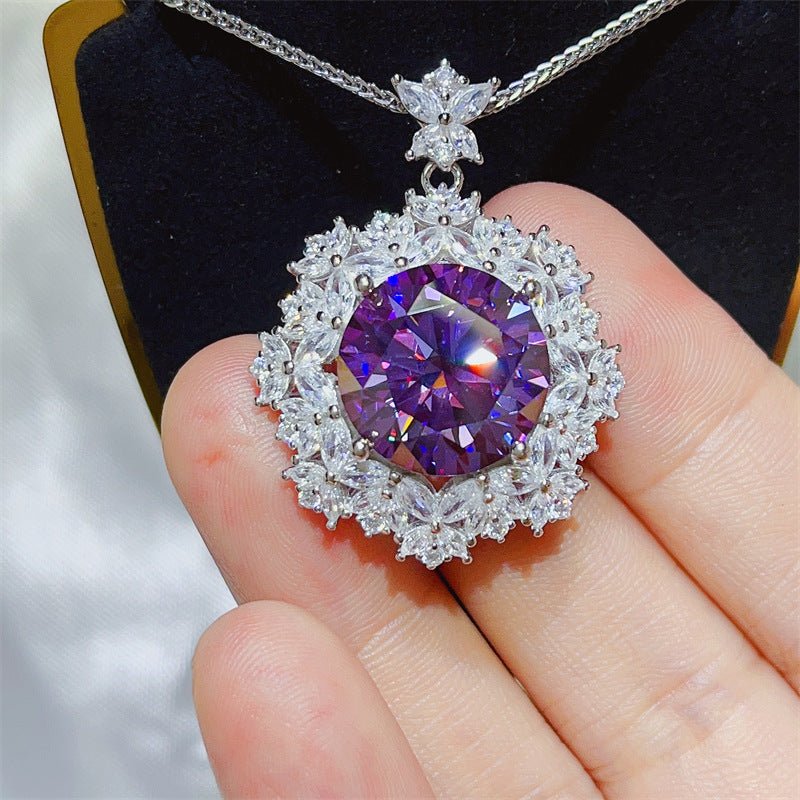 Moissanite Pendant Necklace with Purple Round Stone and Floral Halo Chain, 10 Carat Statement Necklace – view 2