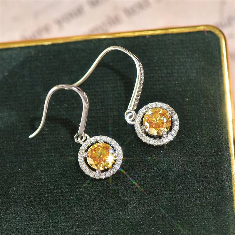 Yellow Moissanite Round Halo Drop Earrings, Sparkling Dangle Earrings for Women – view 2