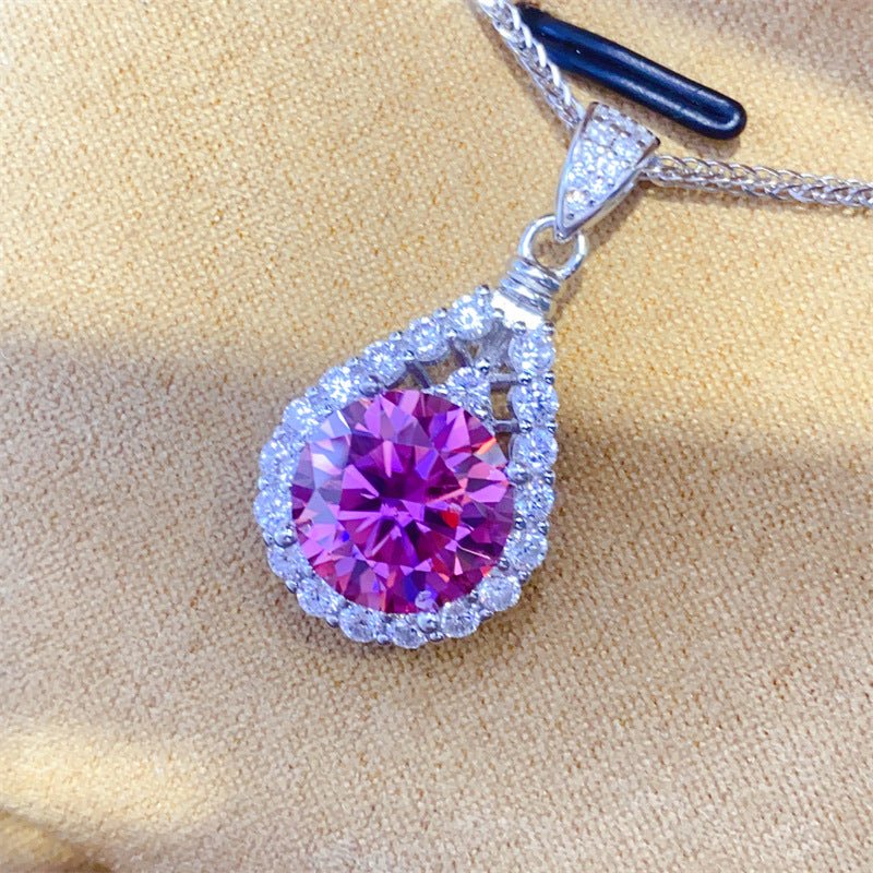 Pink Moissanite Teardrop Halo Pendant Necklace, 1 to 10 Carat Statement Clavicle Chain – view 2
