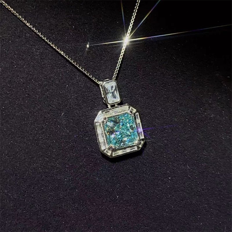 Blue Moissanite Square Pendant Necklace, Geometric Halo Gift Jewelry – view 2
