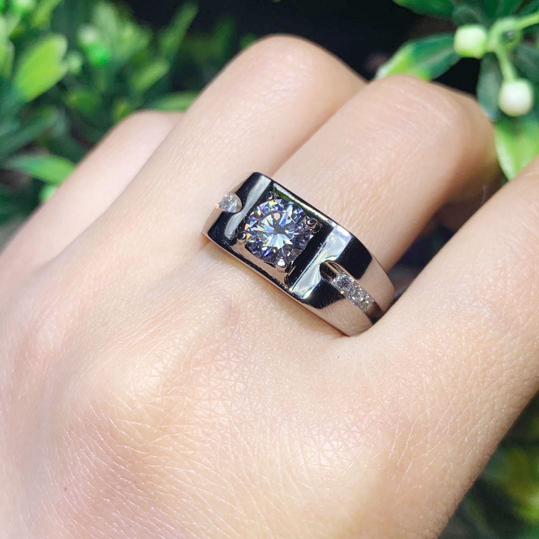Moissanite Men's Ring, Round Solitaire Four-Prong Band – view 2