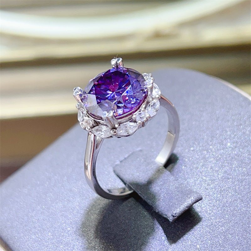Purple Moissanite Ring for Women, 5 Carat Halo Engagement Ring, Round Cut Statement Promise Ring – view 2