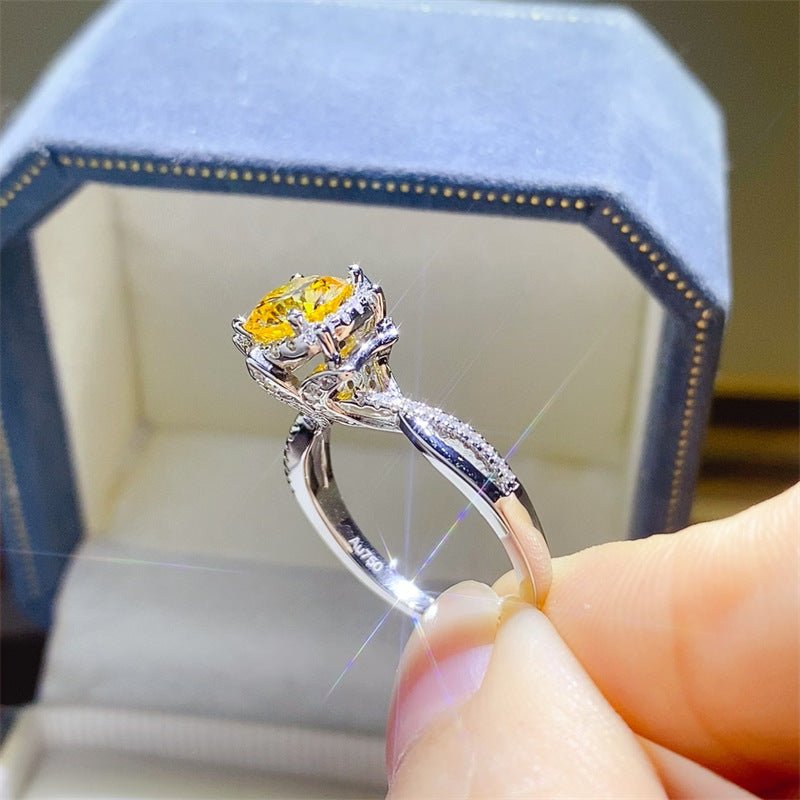 Yellow Moissanite Flower Ring for Women, 1 Carat or 2 Carat Engagement Ring, Floral Promise Ring in White Tone – view 2