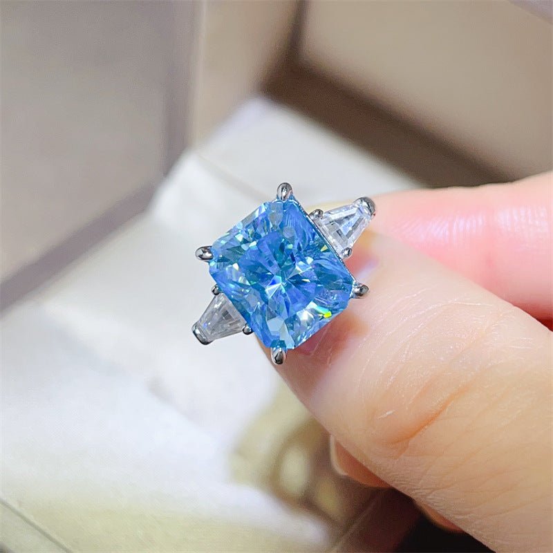 5 Carat Blue Moissanite Ring for Women, Radiant Cut Three-Stone Engagement Ring, U-Shaped Silver Tone Band – view 2