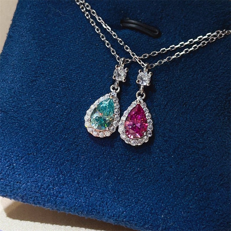 Teardrop Halo Pendant Necklace with Chain, Pink or Green Stone Drop Necklace for Women – view 2
