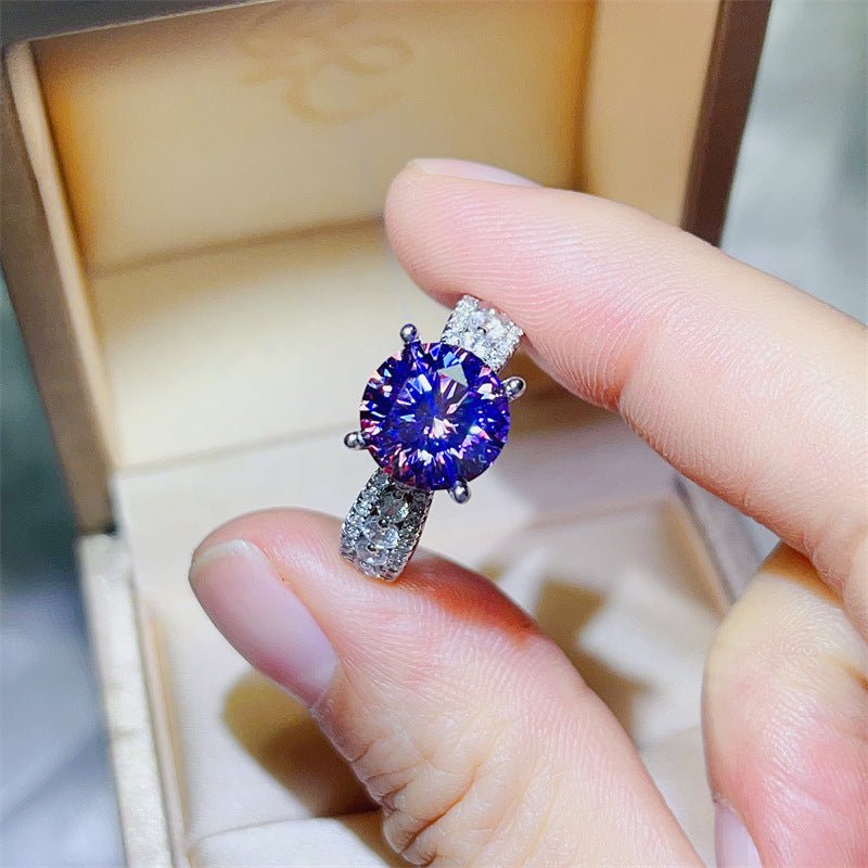 Purple Moissanite Ring for Women, Round Cut Engagement Ring with Pavé Band – view 2