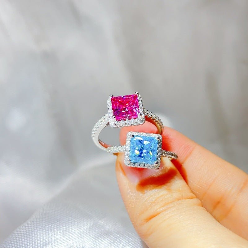 Princess Cut Halo Moissanite Ring for Women, Pink or Blue Engagement Ring, S925 Polished Statement Ring – view 2