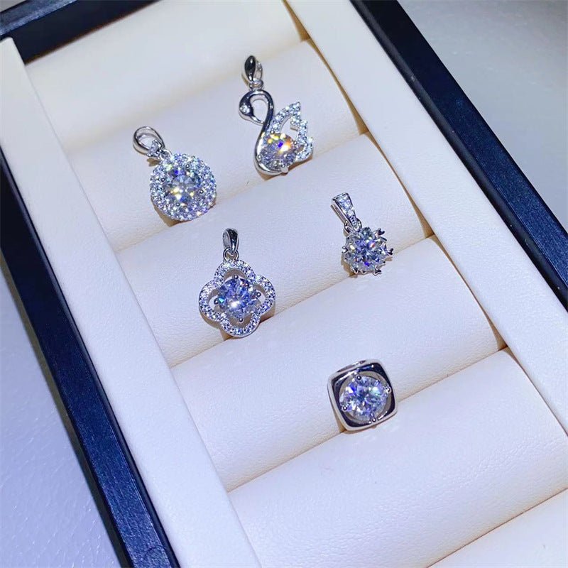 Moissanite Ring & Pendant Collection – U Shape Halo Ring, Swan, Clover and Solitaire Pendant Styles – view 2