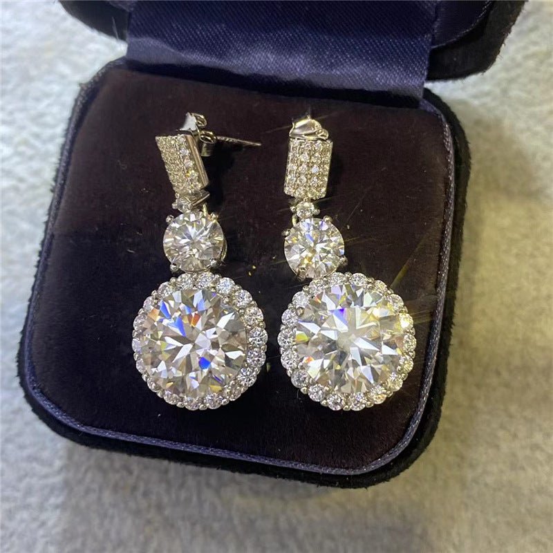 Moissanite Round Halo Drop Earrings, Silver-Tone Dangle Studs with Pavé Top – view 2