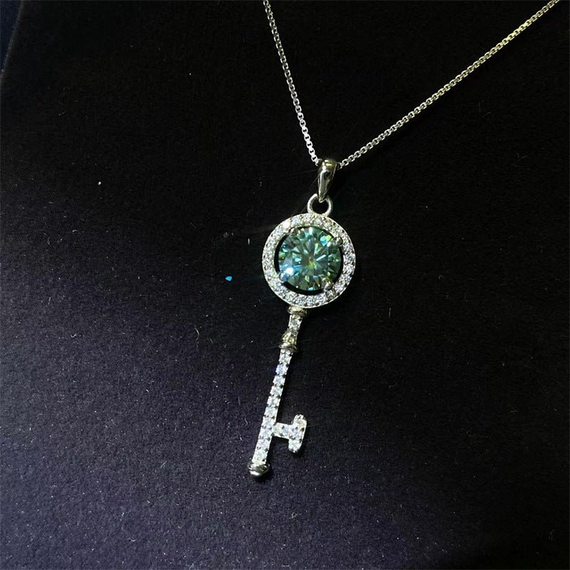 Green Moissanite Key Pendant Necklace, Halo Charm Necklace with Chain – view 2