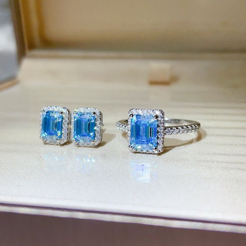 Blue Emerald-Cut Moissanite Ring and Stud Earrings Set, Halo Jewelry Set for Women – view 2