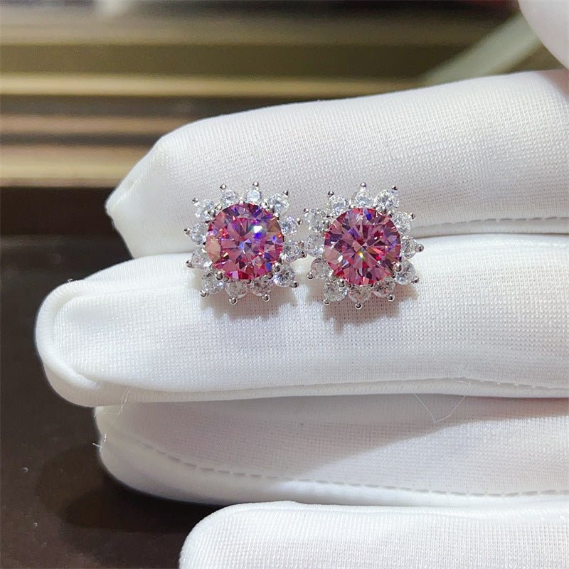 Pink Round Moissanite Stud Earrings with Halo Accent for Women – view 2