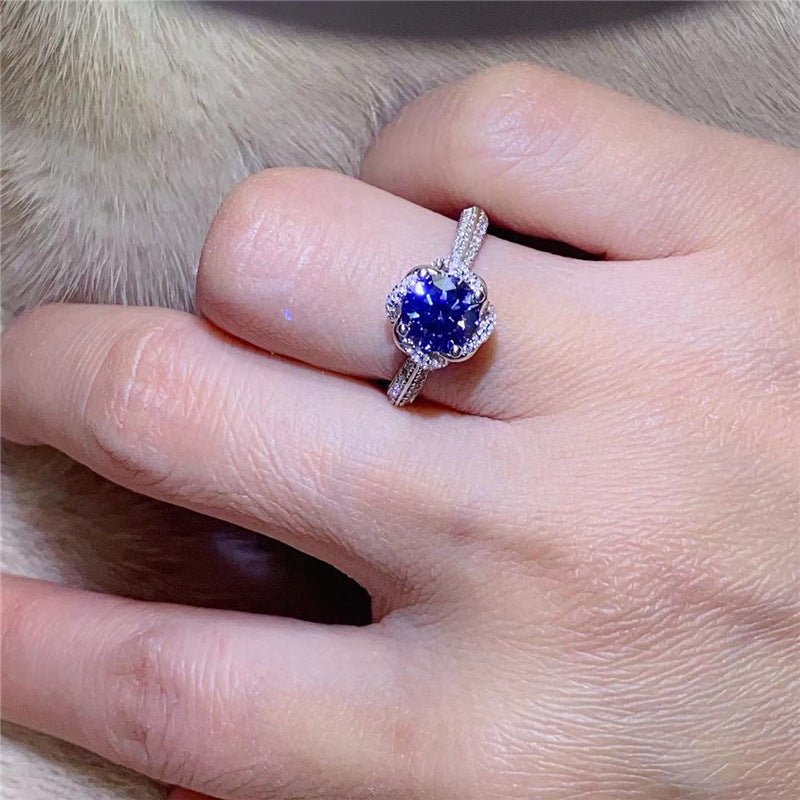 Blue Moissanite Halo Ring for Women, 1 Carat U-Shape Engagement Ring Style – view 2