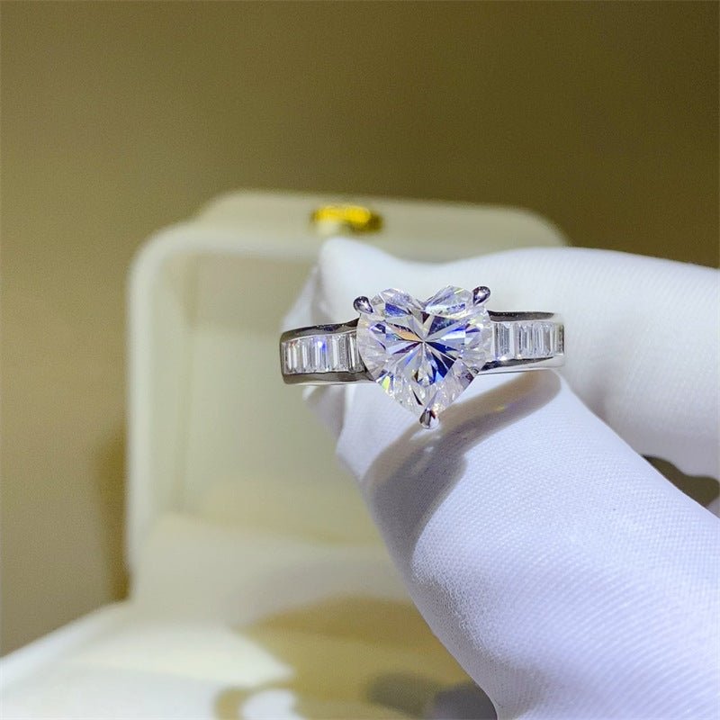 Heart Cut Moissanite Ring with Baguette Side Accents for Women – view 2