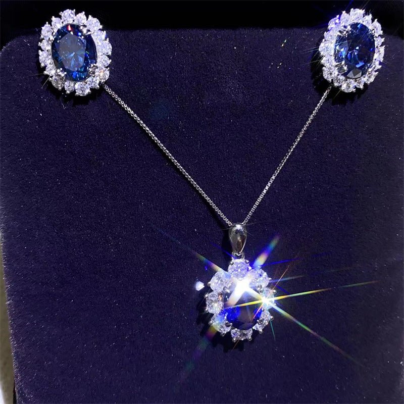 Blue Moissanite Jewelry Set, Oval Pendant Necklace, Stud Earrings & Ring, Matching Gift Set – view 2