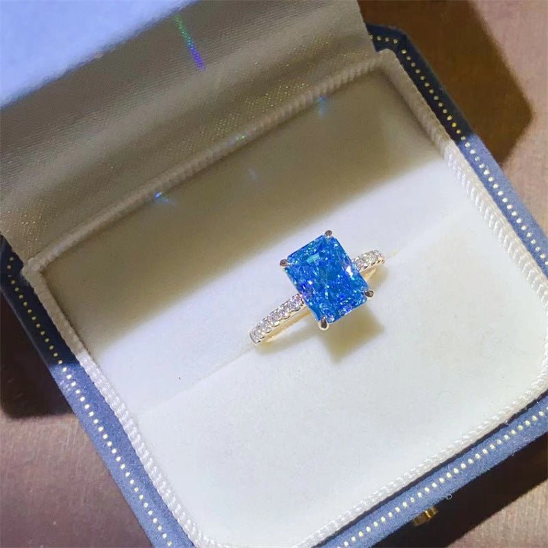 Blue Radiant Cut Moissanite Ring for Women, Micro Pave Engagement Ring, Rectangular Solitaire Promise Ring – view 2