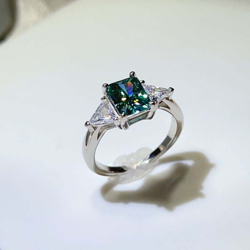 Green Moissanite Geometric Ring with Triangle Side Stones for Women – view 2