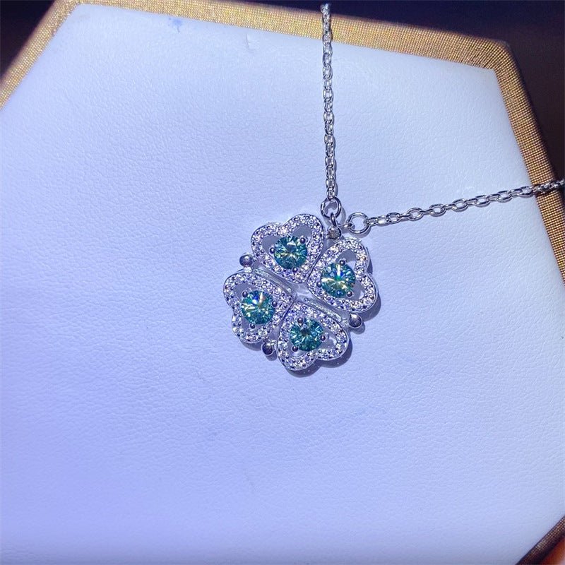 Green Moissanite Four Leaf Clover Pendant Necklace for Women, Leaf Shape Collarbone Chain Jewelry – view 2