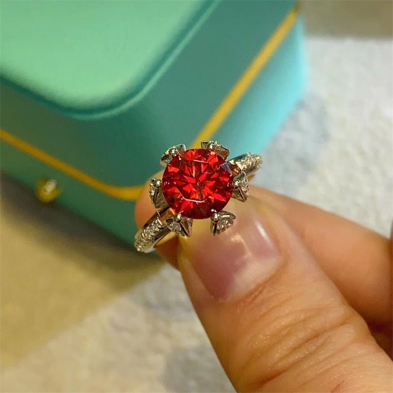 Red Moissanite Halo Ring for Women, Floral Pave Band Statement Ring, Gift Ring Sizes 8-20 – view 2
