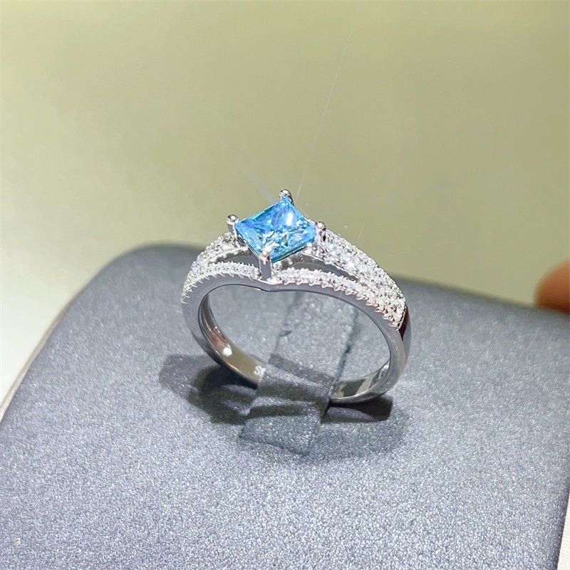 1 Carat Princess Cut Blue Moissanite Ring for Women, Split Shank Halo Style Engagement Ring – view 2