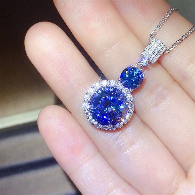 Blue Moissanite Halo Pendant Necklace Round Drop Clavicle Chain – view 2