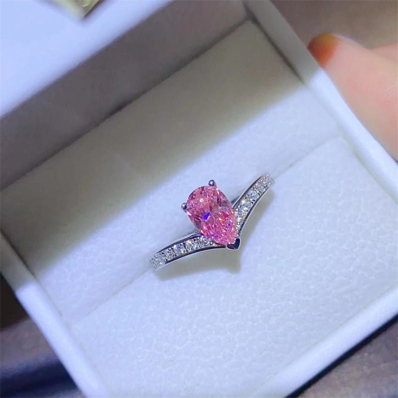 Pink Pear Shaped Moissanite Ring for Women, Micro Pavé U-Shaped Engagement Ring – view 2