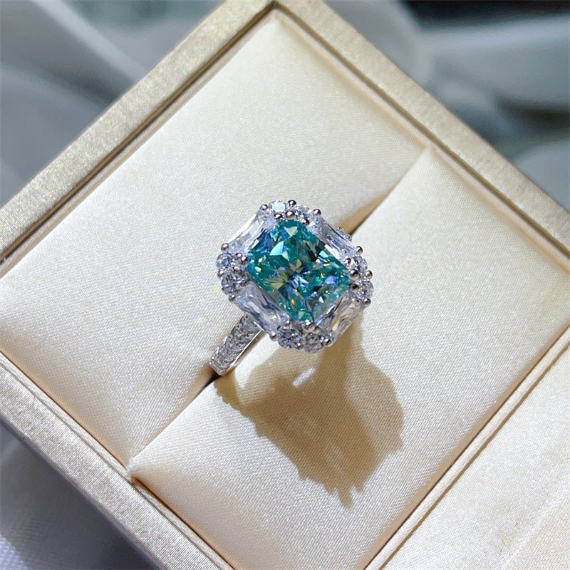 3 Carat Green Radiant Cut Moissanite Halo Ring for Women, Geometric Engagement Ring, Rectangular Statement Ring – view 2