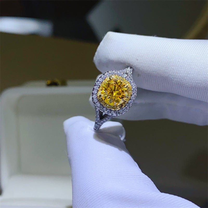 Yellow Moissanite Halo Ring for Women, Cushion Cut Engagement Ring Style, Geometric U-Shape Band – view 2