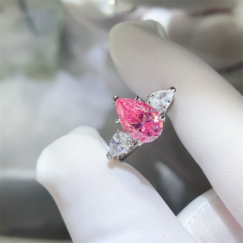 Pink Pear Cut Moissanite Ring for Women - Three Stone Engagement Style Ring, 1 Carat 2 Carat 3 Carat – view 2