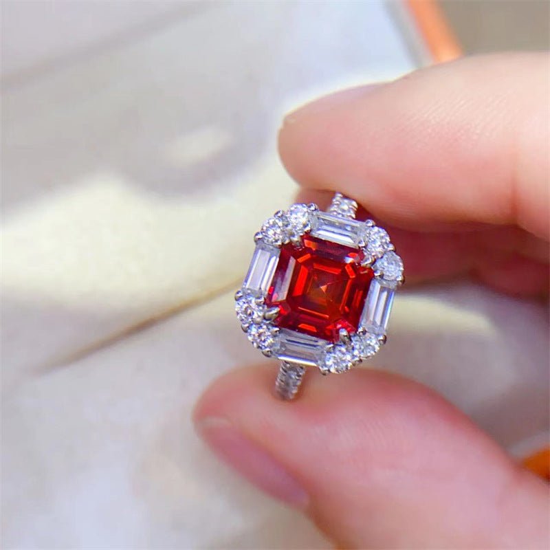 Red Asscher Cut Moissanite Pendant Necklace or Ring, Halo Pavé Jewelry Gift for Women – view 2