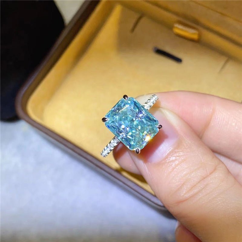 Mint Green Moissanite Ring for Women, Elongated Rectangular Stone Engagement Ring, Pave Band Promise Ring, 1 Carat 2 Carat 3 Carat 5 Carat – view 2