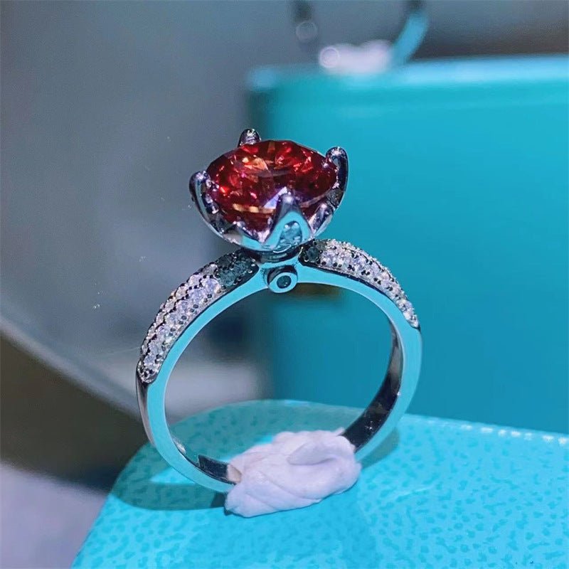 2 Carat Pigeon Blood Red Moissanite Ring with Pavé Band for Women – view 2