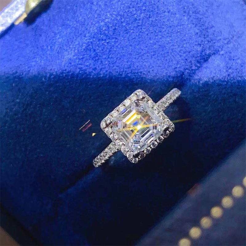 3 Carat Asscher Cut Moissanite Halo Ring for Women, Geometric Square Engagement Ring – view 2