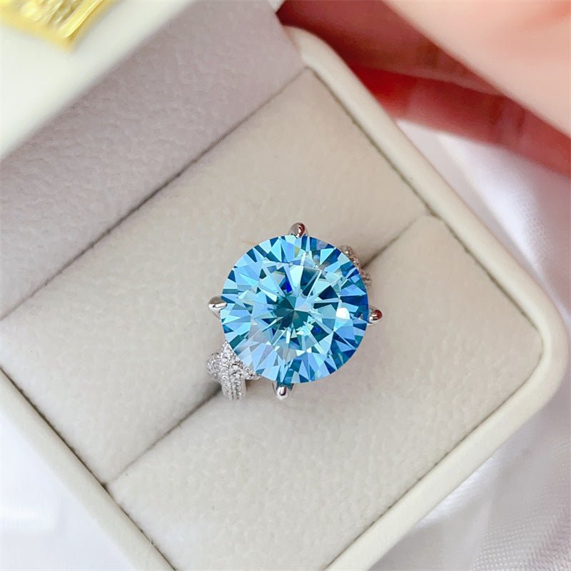 Blue Moissanite Ring for Women, 10 Carat Round Four-Prong Statement Engagement Ring with Pavé-Style Band – view 2