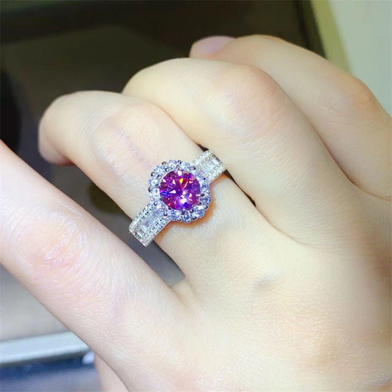 Pink Moissanite Halo Ring for Women, Geometric Pavé Band Statement Ring – view 2