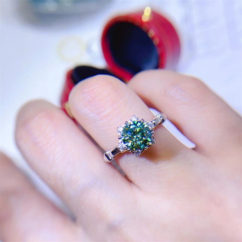 Green Moissanite Ring for Women, U-Shaped Micro-Pavé Solitaire Ring – view 2