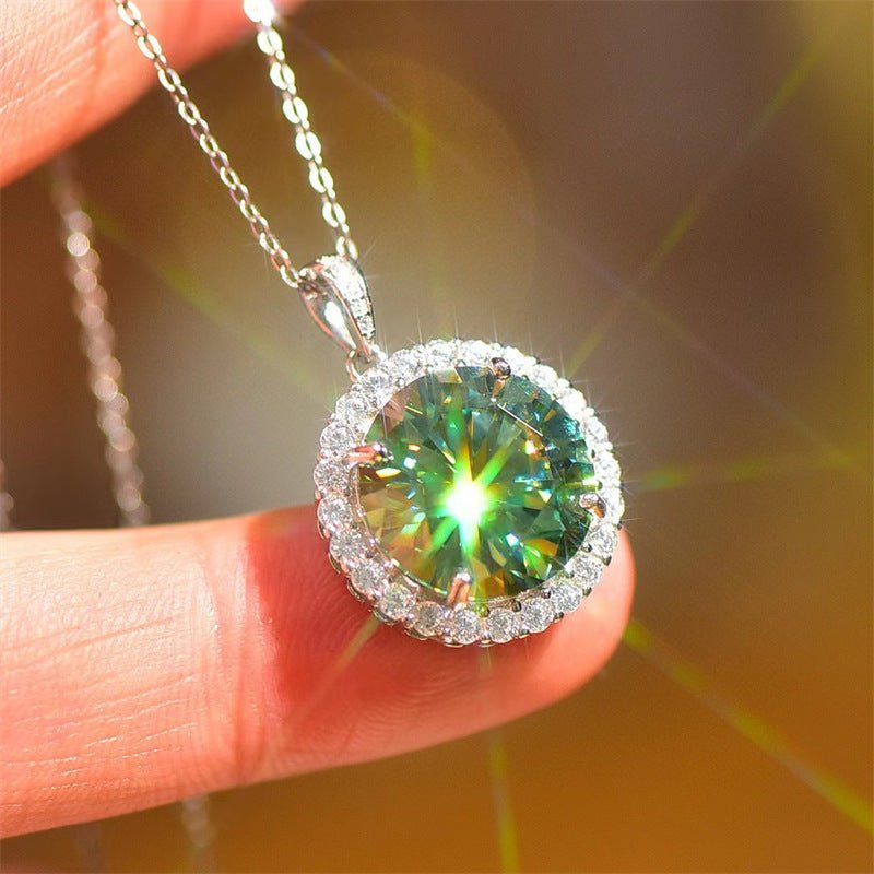 Green Moissanite Halo Pendant Necklace, Round Cut Sparkling Jewelry for Women – view 2