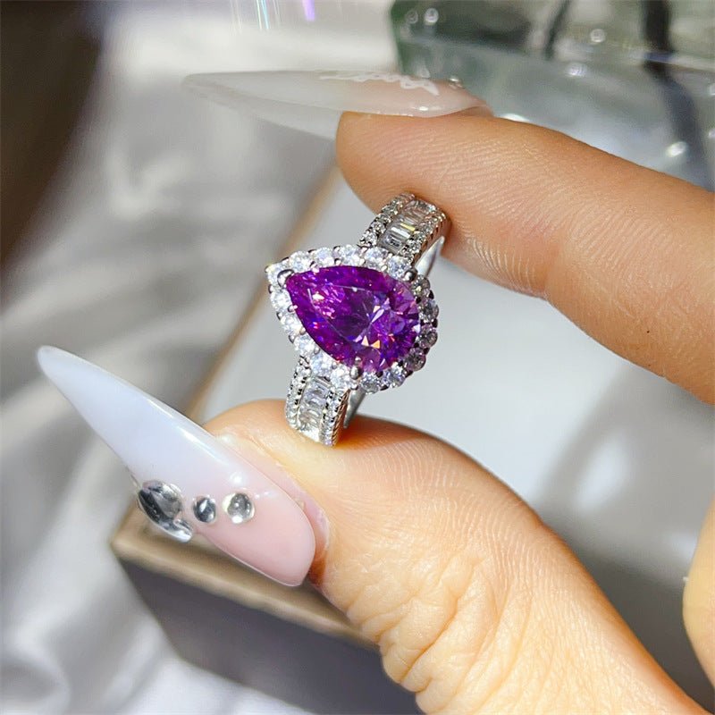 2 Carat Pear Cut Moissanite Halo Ring for Women, Colored Teardrop Engagement Ring with Baguette Band – view 2