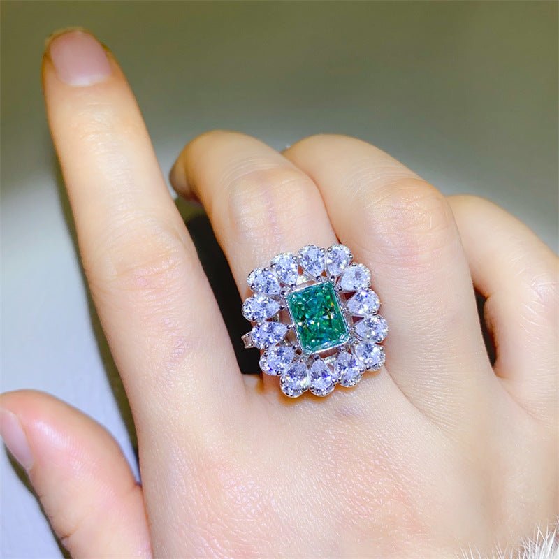 Green Moissanite Halo Ring for Women, Rectangular Geometric Statement Engagement Ring, 1 Carat 2 Carat 3 Carat – view 2