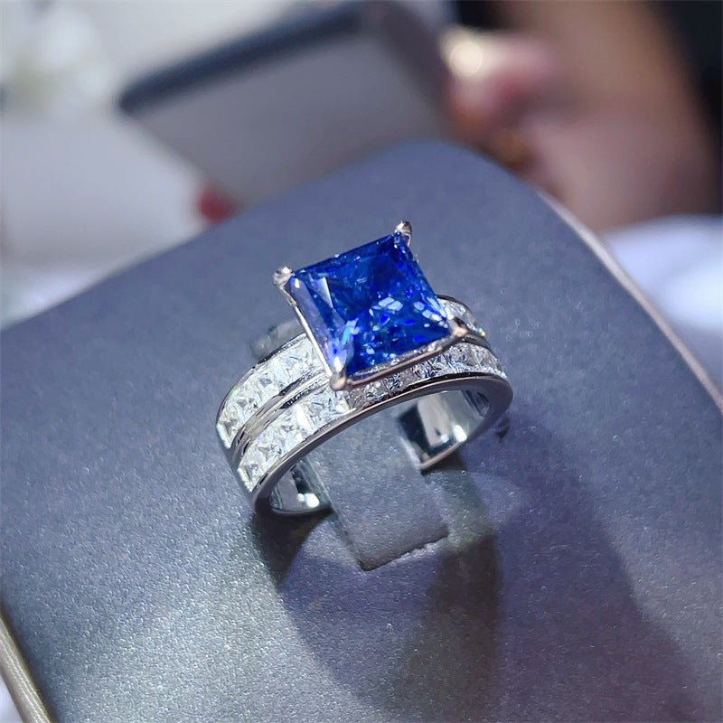 Blue 3 Carat Princess Cut Moissanite Ring Wide Band Pavé Style Ring – view 2