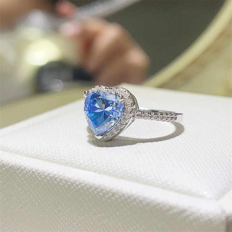 Blue Heart Moissanite Halo Ring for Women, Engagement Promise Wedding Ring – view 2